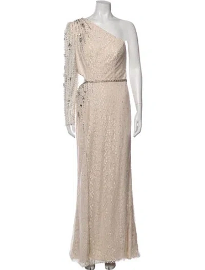 Pre-owned Mac Duggal Lace Pattern Long Dress In Neutrals