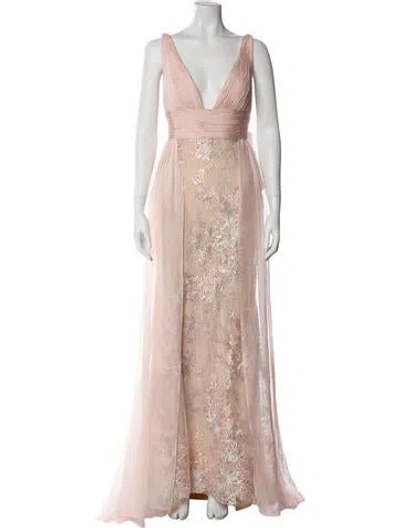 Pre-owned Mac Duggal Lace Pattern Long Dress In Pink