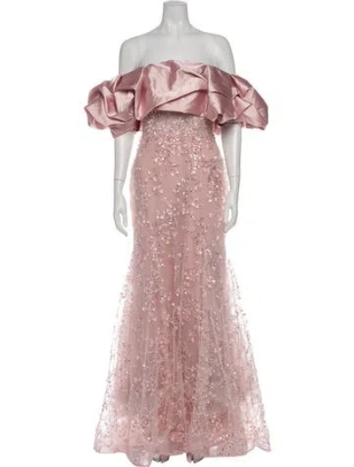 Pre-owned Mac Duggal Lace Pattern Long Dress In Pink