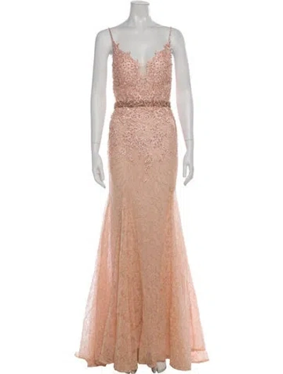 Pre-owned Mac Duggal Lace Pattern Long Dress In Pink