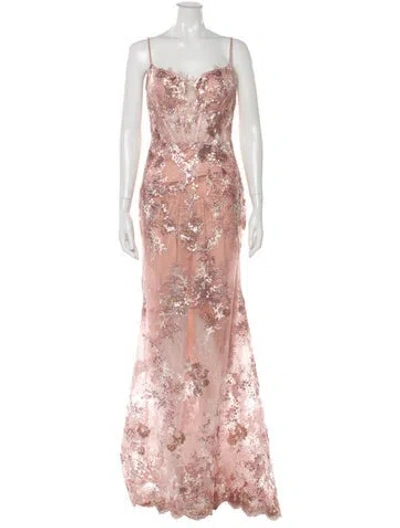 Pre-owned Mac Duggal Lace Pattern Long Dress In Pink