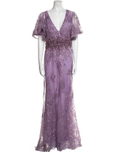 Pre-owned Mac Duggal Lace Pattern Long Dress In Purple