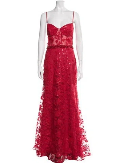Pre-owned Mac Duggal Lace Pattern Long Dress In Red
