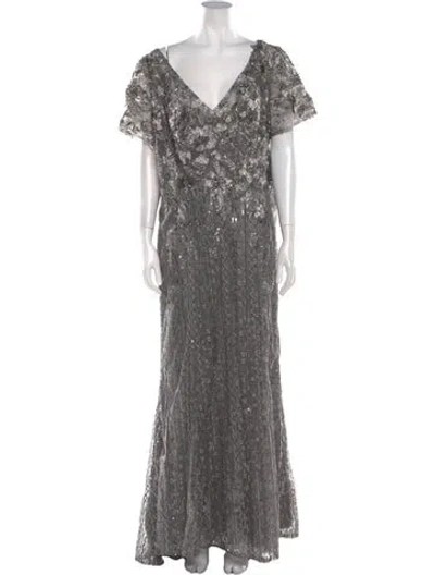 Pre-owned Mac Duggal Lace Pattern Long Dress In Silver