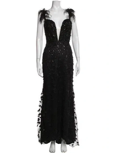 Pre-owned Mac Duggal Lace Pattern Long Dress W/ Tags In Black