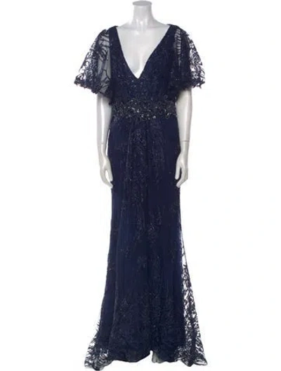 Pre-owned Mac Duggal Lace Pattern Long Dress W/ Tags In Blue