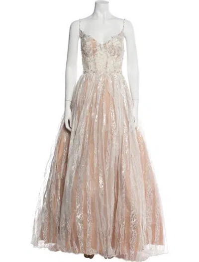 Pre-owned Mac Duggal Lace Pattern Long Dress W/ Tags In White