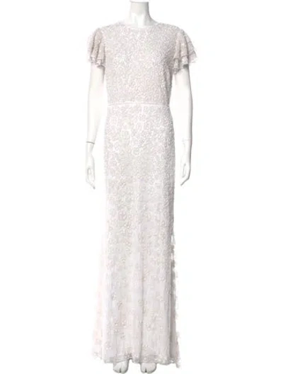 Pre-owned Mac Duggal Lace Pattern Long Dress In White