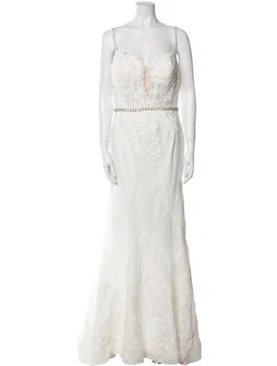 Pre-owned Mac Duggal Lace Pattern Long Dress In White