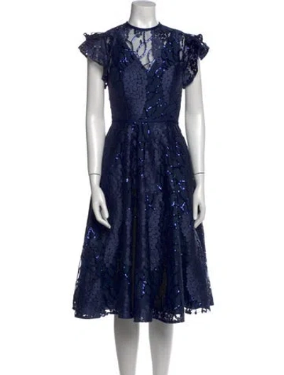 Pre-owned Mac Duggal Lace Pattern Midi Length Dress W/ Tags In Blue