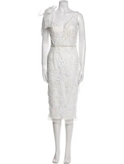 Pre-owned Mac Duggal Lace Pattern Midi Length Dress W/ Tags In White
