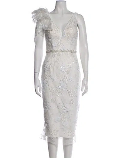 Pre-owned Mac Duggal Lace Pattern Midi Length Dress W/ Tags In White