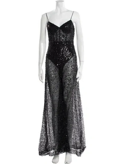 Pre-owned Mac Duggal Lace Pattern V-neck Jumpsuit In Black