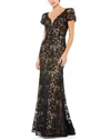 Mac Duggal Lace Plunge Neck Short Puff Sleeve Trumpet Gown In Black