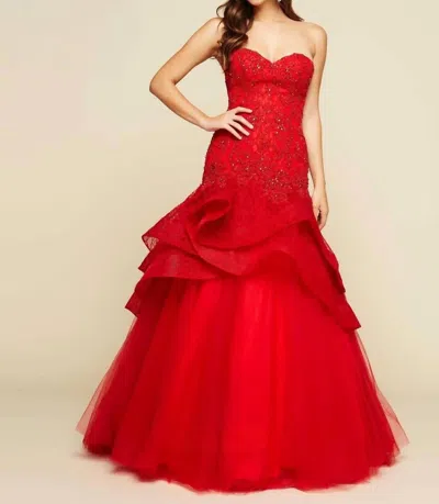 Mac Duggal Lace Ruffled Tulle Ball Gown In Red