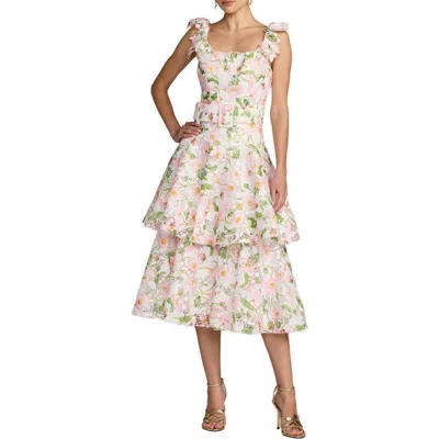 Mac Duggal Lace Tiered Ruffle Midi Dress With Belt In Pink