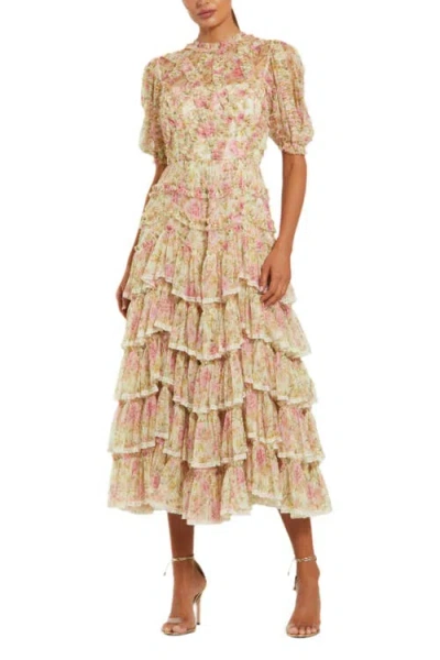 Mac Duggal Lace Trim Printed Mesh High Neck Midi Dress