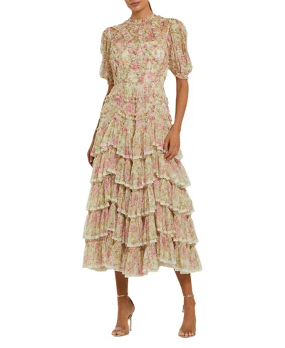 Mac Duggal Lace Trim Printed Mesh High Neck Midi Dress In Ivory Multi
