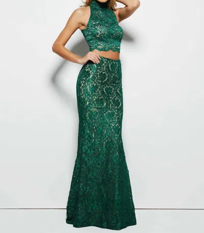Mac Duggal Lace Two-piece Halter Neck Gown In Emerald In Gold