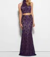 Mac Duggal Lace Two-piece Halter Neck Gown In Purple In Purple