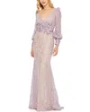 Mac Duggal Lace Long Sleeve V Neck Embellished Gown In Multi