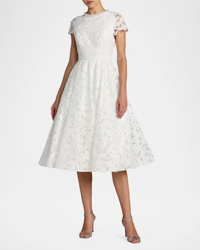Mac Duggal Lace Embellished Cap Sleeves A Line Midi Dress In White