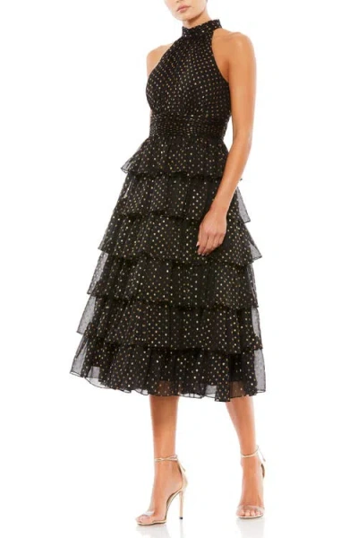 MAC DUGGAL MAC DUGGAL LAYERED POLKA DOT HALTER COCKTAIL DRESS