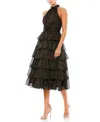 Mac Duggal High-neck Tiered Dotted Midi-dress In Black Gold