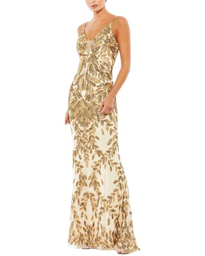 Mac Duggal Leaf Beadwork Spaghetti Straps Dress In Gold