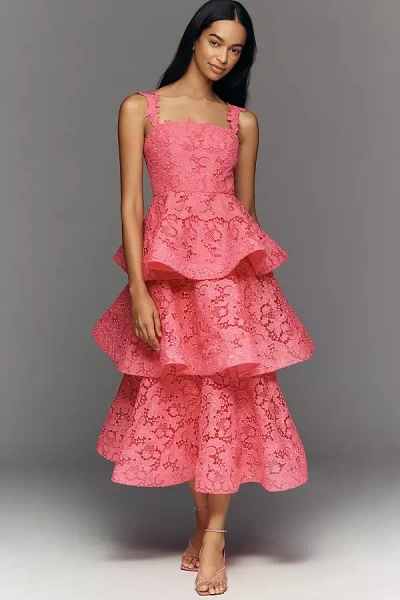 Mac Duggal Leena Tiered Lace Square-neck Midi Dress In Pink