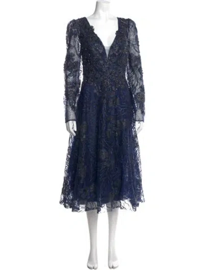 Pre-owned Mac Duggal Linen Long Dress In Blue