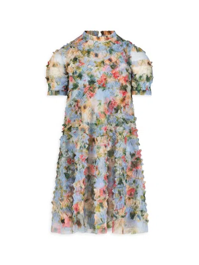 Mac Duggal Little Girl's & Girl's Floral Mesh Short-sleeve Dress In Neutral