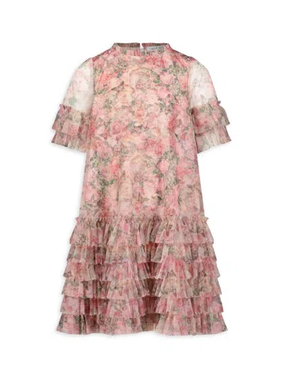 Mac Duggal Little Girl's & Girl's Floral Mesh Short-sleeve Dress In Neutral