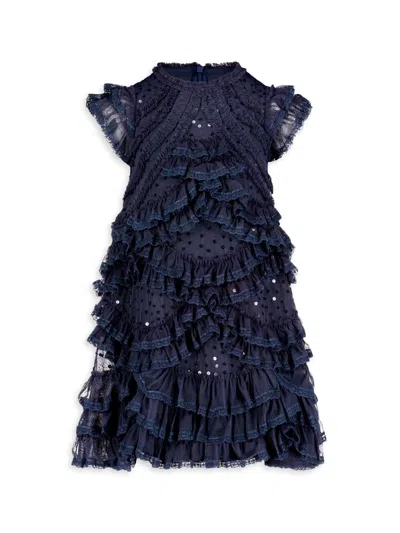 Mac Duggal Little Girl's & Girl's Mesh Micro Ruffle Dress In Blue