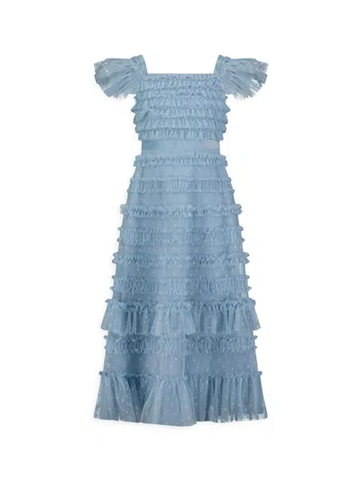 Mac Duggal Little Girl's & Girl's Ruffle Velvet-trimmed Gown In Blue