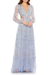 Mac Duggal Long Sleeve Embellished Cut Out A-line Gown In Periwinkle