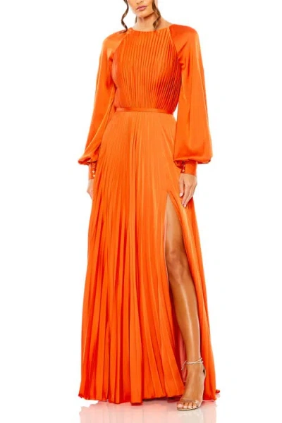 Mac Duggal Pleated High Neck Raglan Long Sleeve Side Slit Gow In Orange
