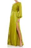 Mac Duggal Long Blouson Sleeve Pleated High Neck Gown In Apple Green