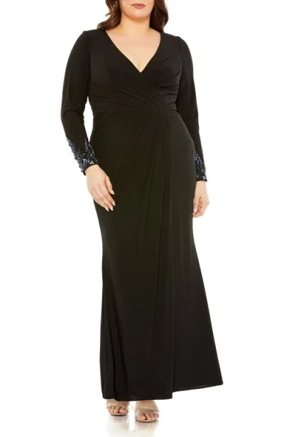 Mac Duggal Plus Long Crystal Detail Sleeve V Neck Gown In Black