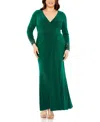 Mac Duggal Plus Long Crystal Detail Sleeve V Neck Gown In Emerald