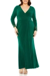 Mac Duggal Long Crystal Detail Sleeve V Neck Gown In Emerald