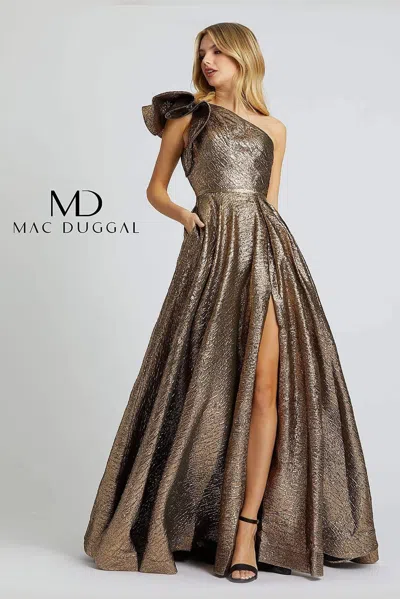 Mac Duggal Long One Shoulder Metallic Prom Ball Gown Md67297 In Brown