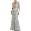 Mac Duggal Long Sleeve Applique V-neck Gown In Powder Blue