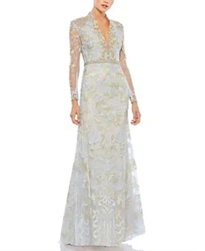 Mac Duggal Long Sleeve Applique V-neck Gown In White