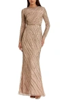 Mac Duggal Long Sleeve Beaded Column Gown In Mocha