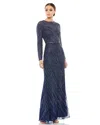 Mac Duggal Beaded Long Sleeve Column Gown In Mocha