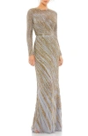 Mac Duggal Long Sleeve Beaded Column Gown In Platinum