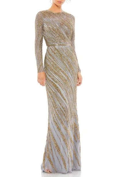 Mac Duggal Long Sleeve Beaded Column Gown In Platinum