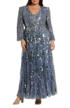 Mac Duggal Long Sleeve Beaded Crystal Deep V Neckline Gown In Gray