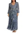 Mac Duggal Long Sleeve Beaded Crystal Deep V Neckline Gown In Slate Blue